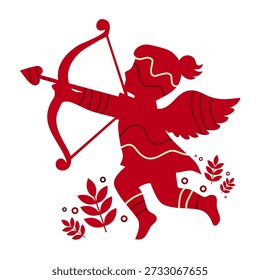 silhouette of cupid aiming bow and arrow surrounded by red fall leaves