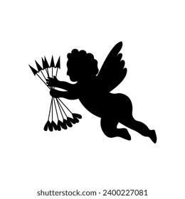 Silhouette of Cupid with arrows on white background