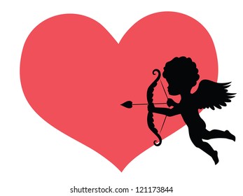 Silhouette Of A Cupid And A Big Red Heart On The Background.