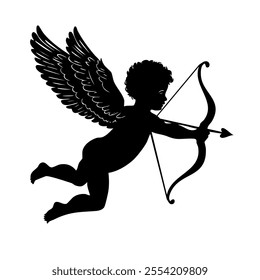 Silhouette of cupid with a bow and arrow in a classic romantic pose. Design for banners, cards, flyers, celebration, wedding, invitation, social media wallpapers.