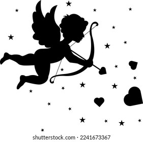 Silhouette. Cupid with a bow and arrow in his hands, aiming at the heart. Valentine's Day. Romance. Love.