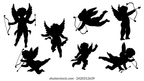 Silhouette Cupid with bow and arrow. Valentine day collection. Hand drawn cartoon cute elements in retro vintage style. Amur Boy or god eros. Love flying angel Valentine’s Day vector illustration