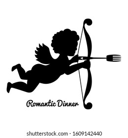 Silhouette of Cupid with a bow and fork arrow. Romantic dinner illustration for restaurants. Isolated lineart image in white. 