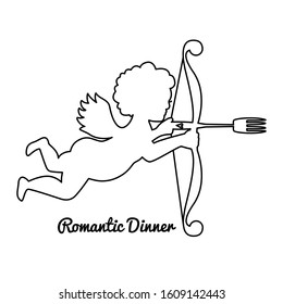 Silhouette of Cupid with a bow and fork arrow. Romantic dinner illustration for restaurants. Isolated lineart image in white. 