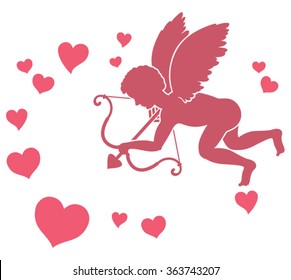 Silhouette of a cupid and hearts. 