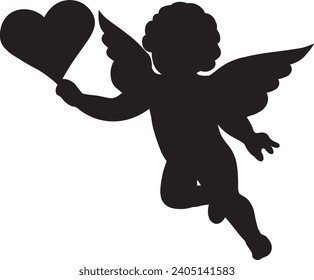 Silhouette of a cupid holding a heart on a white background. Valentine silhouette.
