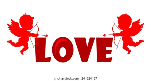 Silhouette Cupids holding a LOVE Banner