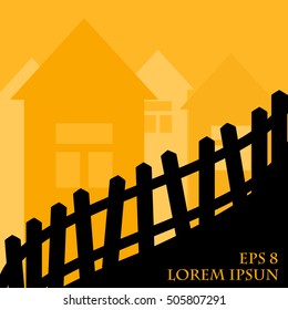 Silhouette curve fence and houses an orange background.