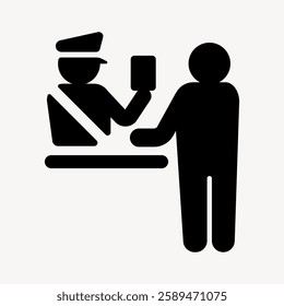 Silhouette of a customs officer checking a traveler's documents. Simple black icon of customs, officer, and traveler. Travel, customs, and officer theme. User interface icon vector.