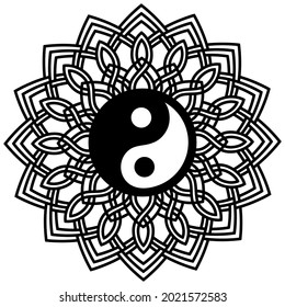 Silhouette cut Yin-yang in a mandala style. Black symbol isolated in a white background. Circular pattern in form of mandala for Henna, Mehndi, tattoo