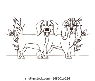 silhouette of cute and adorable dogs with leaves background