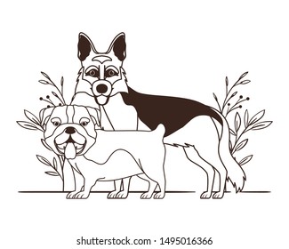 silhouette of cute and adorable dogs with leaves background