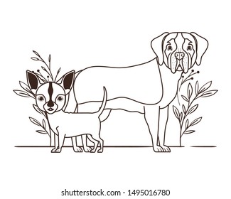 silhouette of cute and adorable dogs with leaves background