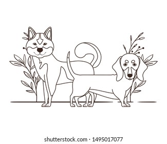 silhouette of cute and adorable dogs with leaves background