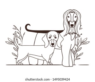 silhouette of cute and adorable dogs with leaves background