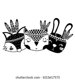 silhouette cute animals head friends with feathers