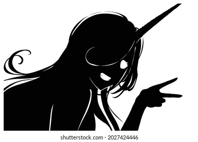 Silhouette of a cute anime unicorn girl, she smiles cheerfully and shows two fingers, she has long hair with bangs 2d illustration in black and white
