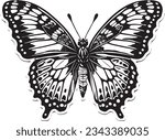 Silhouette of a cute beautiful butterfly isolated on a white background.  Butterfly clipart illustration.