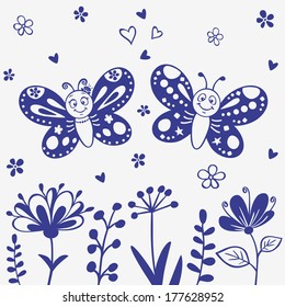 Silhouette cute and beautiful cartoon two butterflies