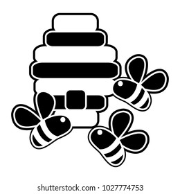 silhouette cute bees insect flying about honeycomb