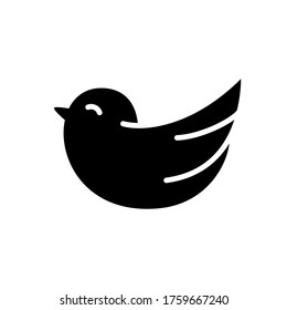 Silhouette Cute bird icon. Outline cartoon logo of flying round little bird. Black illustration of positive animal, nature. Flat isolated vector, white background. Pet shop or packaging design emblem