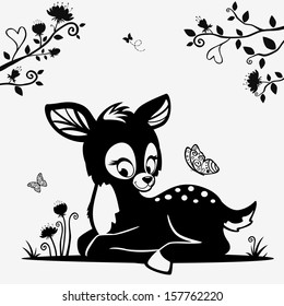 Silhouette of a cute black and white character fawn