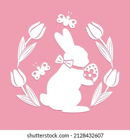 
Silhouette of a cute Bunny  with Easter egg, tulips and butterflies. Happy Easter Card. Spring  design. Floral Rabbit silhouette. 