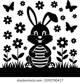 A Silhouette Cute Bunny Holding Easter Egg with Flowers and Butterflies vector 
