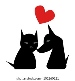 Silhouette of cute cat and dog with read heart above, on white