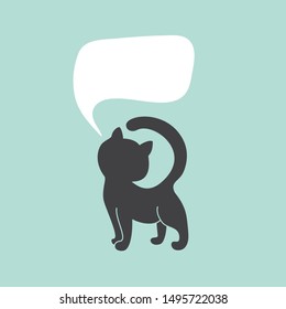 Silhouette of a cute cat on a blue background. White speech bubble with empty space for your design.