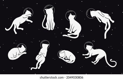 Silhouette of a Cute Cats in space. silhouette. Astronaut animal in the sky against a background of stars. Funny doodle kitties in different poses.