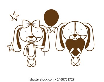 silhouette of cute couple of puppies on white background