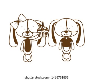 silhouette of cute couple of puppies on white background