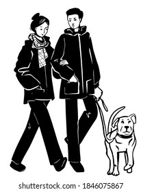 Silhouette of cute couple walking with a dog. Young man and woman in love. Hand drawn Sketch black white Vector illustration