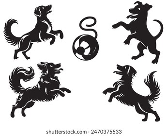  silhouette of a cute dog, play with ball dog, collection icon set, vector illustration 
