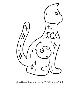 Silhouette of a cute esoteric cat with constellation, lunar phases and stars. Doodle vector illustration, clipart.