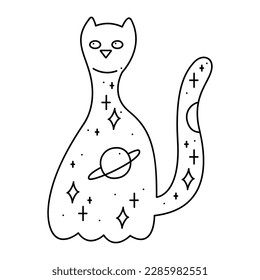 Silhouette of a cute esoteric cat with the planets and stars. Doodle vector illustration, clipart.