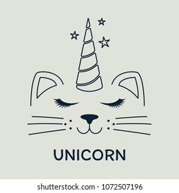 Silhouette cute fantasy cat princess unicorn. Sweet kids graphics for t-shirts. Greeting card.