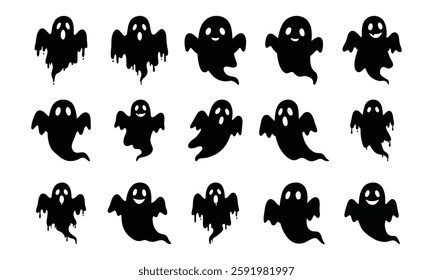 Silhouette of cute ghost vector illustration, halloween ghost, detailed vector, black and white, monochrome design, minimalist illustration, isolated on a white background