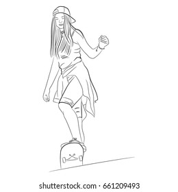 Silhouette of a cute girl with long hair, with skateboard. Vector illustration. The sketch