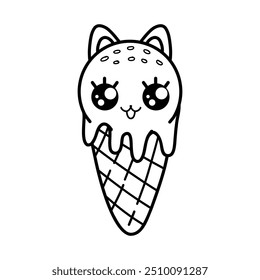 Silhouette of a Cute kawaii ice cream with cat ears and a cute face. Vector children's cartoon coloring book