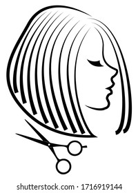 Silhouette of a cute lady. The girl shows a hairstyle on medium and short hair and scissors. Suitable for logo, hairdresser advertising. Vector illustration.