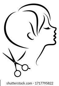 Silhouette of a cute lady. The girl shows a hairstyle on medium and short hair and scissors. Suitable for logo, hairdresser advertising. Vector illustration.