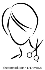 Silhouette of a cute lady. The girl shows a hairstyle on medium and short hair and scissors. Suitable for logo, hairdresser advertising. Vector illustration.