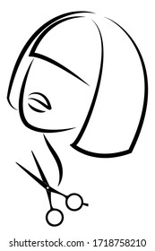 Silhouette of a cute lady. The girl shows a hairstyle on medium and short hair and scissors. Suitable for logo, hairdresser advertising. Vector illustration.