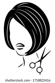 Silhouette of a cute lady. The girl shows a hairstyle on medium and short hair and scissors. Suitable for logo, hairdresser advertising. Vector illustration.