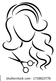 Silhouette of a cute lady. The girl shows a hairstyle on medium and long hair and scissors. Suitable for logo, hairdresser advertising. Vector illustration.