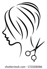 Silhouette of a cute lady. The girl shows a hairstyle on medium and short hair and scissors. Suitable for logo, hairdresser advertising. Vector illustration.