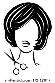 Silhouette of a cute lady. The girl shows a hairstyle on medium and short hair and scissors. Suitable for logo, hairdresser advertising. Vector illustration.