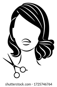 Silhouette de una linda dama. La chica muestra un peinado con pelo mediano y corto y tijeras. Adecuado para el logotipo, la publicidad de peluquería. Ilustración vectorial.